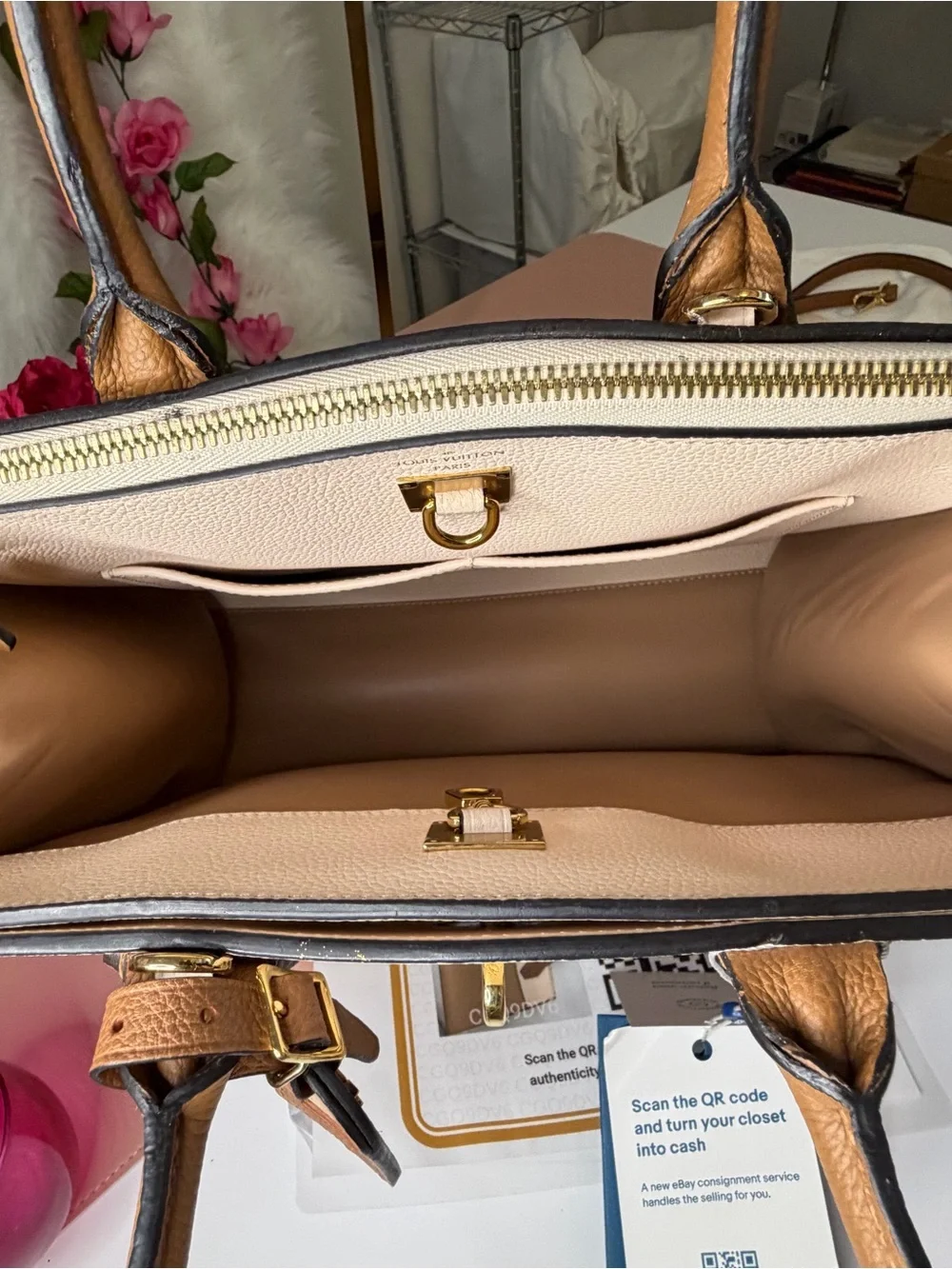 Authentic Louis Vuitton City Steamer PM Two-Tone Tan & Cream Leather Tote COA